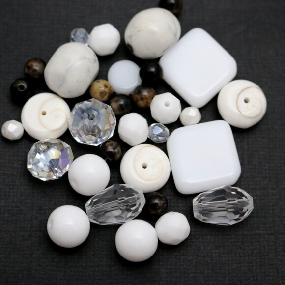 Shades of White Gemstone & Shell Bead Mix w/ Crystal & Glass - BEADLOT15 - Picture 1 of 7